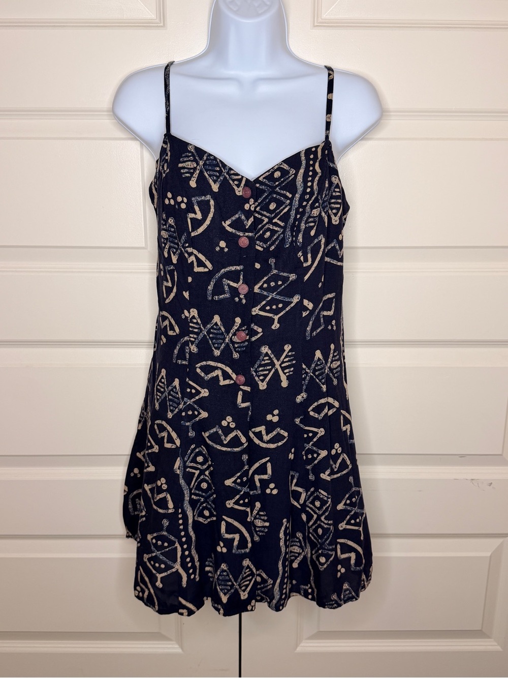 Vintage Navy Printed Spaghetti-Strap Mini Dress with Front Buttons